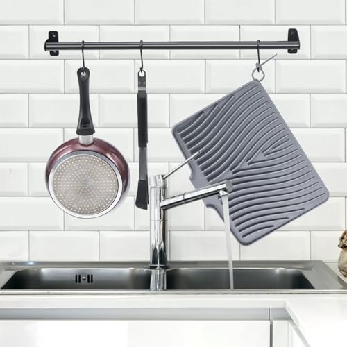 TIKNIK Silicone Dish Drying Mat for Kitchen Counter, Grey-1pcs, 16" x 12" | Heat Resistant & Non-Slip Dish Drain Pad with Built-In Drain, Dishwasher Safe, Quick-Dry, Hangable & Roll-Up for Storage