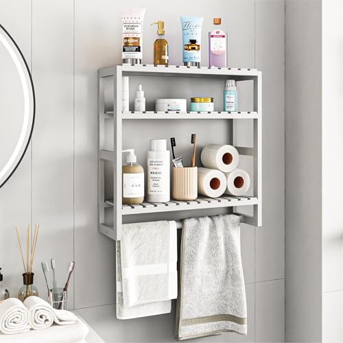 Galood Over The Toilet Storage Bathroom Shelves Wall Mounted 3 Tier White | Space Saver Corner Shelf Organizer Bamboo Towel Rack Toilet Paper Cabinet with Hanging Rod