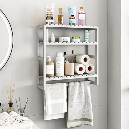 Galood Over The Toilet Storage Bathroom Shelves Wall Mounted 3 Tier White | Space Saver Corner Shelf Organizer Bamboo Towel Rack Toilet Paper Cabinet with Hanging Rod