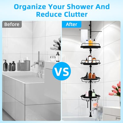 32-122inch Corner Shower Caddy Tension Pole Black, Rustproof Drill-Free Shower Shelves for Bathroom Bathtub Washbasin, Adjustable Shower Organizer with 4 Tier Patent Stable Shelves & Towel Bars