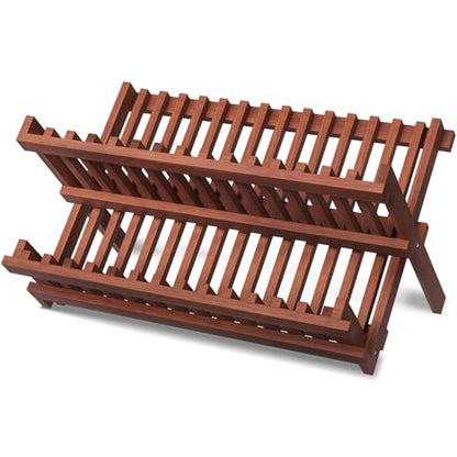 VERTORGAN Teak Dish Drying Rack,Folding Collapsible Drainer Plate Organizer Holder for Kitchen,Foldable Spice Rack for Countertop and Cabinet,Pantry Organization and Storage