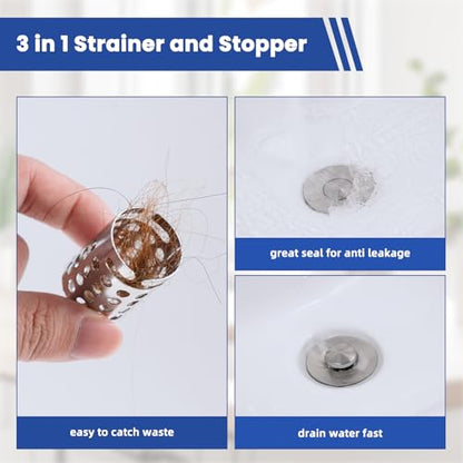 Universal Bathroom Sink Drain Strainer Hair Catcher, Brushed Nickel | Upgraded with Removable Stainless Steel Filter Basket, 3 in 1 Pop Up Sink Stopper for 1.1''~2.36'' Sink Basin Hole