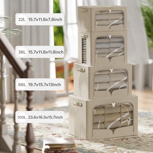 FHSQX 3 Pack Clothes Storage Bins Foldable Metal Frame Storage Box Stackable Linen Fabric Organizer Set with Carrying Handles and Clear Window (Beige, 15.7x11.8x11.8inch(36L))
