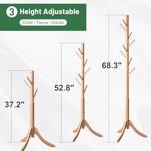kiplant Coat Rack Freestanding, Bamboo Wood Coat Stand with 8 Hooks,3 Adjustable Size,Easy Assembly NO Tools Required, Coat Tree Hanger Stand for CoatsScarves in Hallway