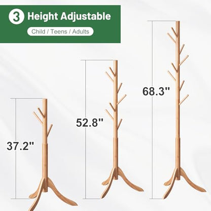 kiplant Coat Rack Freestanding, Bamboo Wood Coat Stand with 8 Hooks,3 Adjustable Size,Easy Assembly NO Tools Required, Coat Tree Hanger Stand for CoatsScarves in Hallway