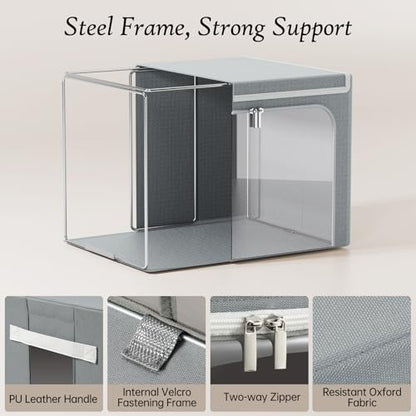 Yecaye Clothes Storage Bins with Metal Frame, Foldable Organizer Box, 40L | Stackable Zippered, With Lid, Clear Window＆ PU Leather Handles