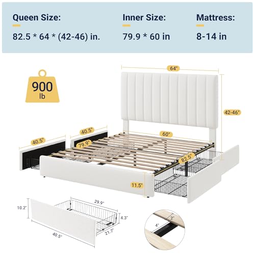 Allewie Queen Size Storage Bed Frame, Vertical Channel Tufted Adjustable Headboard, Velvet Upholstered Platform Bed with 4 Oversized Underbed Drawers, Wooden Slats Support, No Box Spring Needed, White