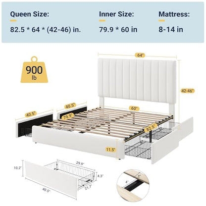 Allewie Queen Size Storage Bed Frame, Vertical Channel Tufted Adjustable Headboard, Velvet Upholstered Platform Bed with 4 Oversized Underbed Drawers, Wooden Slats Support, No Box Spring Needed, White
