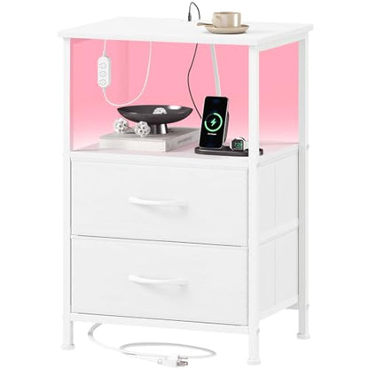 Somdot Nightstand with 2 Drawers, Charging Station & LED Light | Fabric-Bin Dresser for Bedroom, Bedside, Kids Room, Dorm, Closet, Laundry and Entryway, White