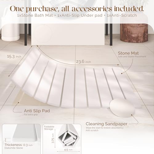 Diatomite Stone Bath Mat for Bathroom – Roll-Up & Foldable | 23.62" x 15.75" | Quick Drying & Super Absorbent | Long Diatomite Stone Drying Mat| Non-Slip | Durable | Off White