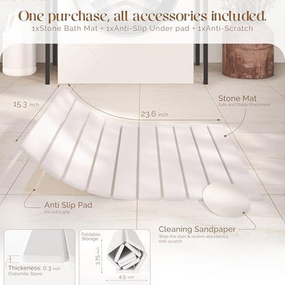 Diatomite Stone Bath Mat for Bathroom – Roll-Up & Foldable | 23.62" x 15.75" | Quick Drying & Super Absorbent | Long Diatomite Stone Drying Mat| Non-Slip | Durable | Off White
