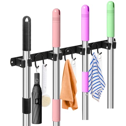 Broom Holder Wall Mount, Stainless Steel Mop Hanger with 4 Slots 6 Hooks, Tool Storage Wall Organizer for Kitchen Garden Garage Laundry Room Bathroom and RV, Black 1-Pack