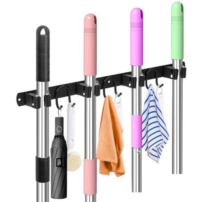 Broom Holder Wall Mount, Stainless Steel Mop Hanger with 4 Slots 6 Hooks, Tool Storage Wall Organizer for Kitchen Garden Garage Laundry Room Bathroom and RV, Black 1-Pack