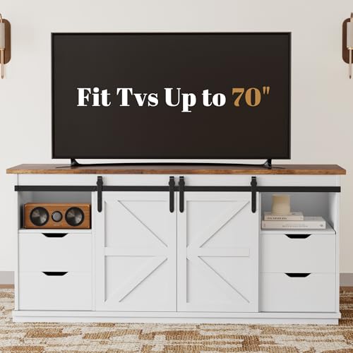 YESHOMY TV Stand for Televisions up to 65 Inchs, with Sliding Barn Doors and 4 Storage Drawers, Console Table and Media Furniture for Living Room, 58 Inch, Milk White
