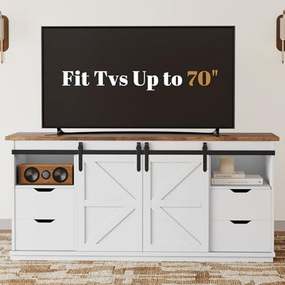 YESHOMY TV Stand for Televisions up to 65 Inchs, with Sliding Barn Doors and 4 Storage Drawers, Console Table and Media Furniture for Living Room, 58 Inch, Milk White