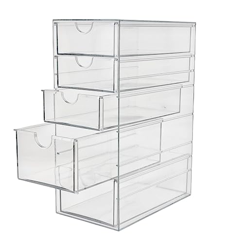 Plastic Drawer Storage with 5 Different Sizes Drawers, Clear Light Gray Hair Accessories Organizer, Transparent Dresser Bathroom Organizer