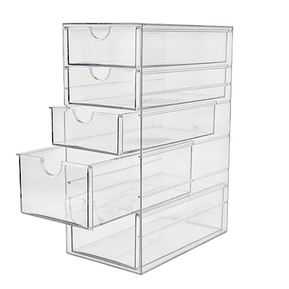 Plastic Drawer Storage with 5 Different Sizes Drawers, Clear Light Gray Hair Accessories Organizer, Transparent Dresser Bathroom Organizer