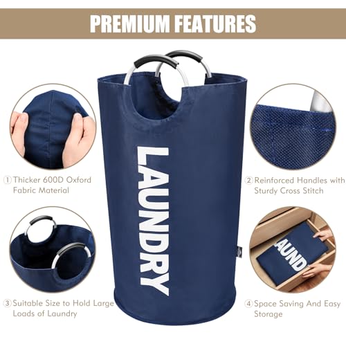 DOKEHOM 90L Large Laundry Basket Bag, Collapsible Tall Hamper, Dark Blue | Freestanding tall washing bin & foldable laundry bag. High-capacity clothes storage basket with durable sturdy handles