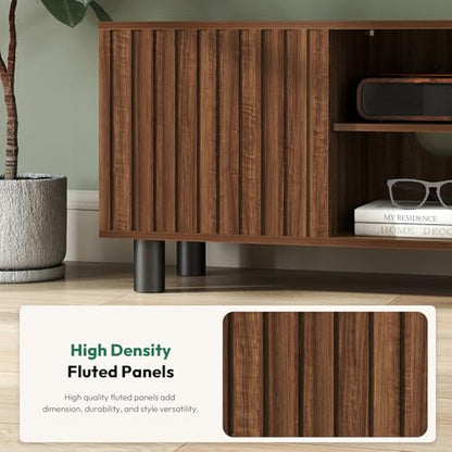 TV Stand with Mount for 65-75 Inch TV, Fluted Walnut Media Console | Modern entertainment center with power outlet, adjustable mount, textured fluted doors and spacious storage for living room