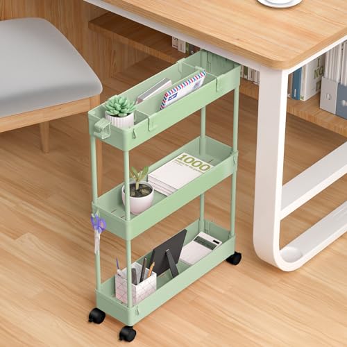 Slim Storage Cart 3 Tier,Bathroom Organizer Rollin... (Green | Plastic)