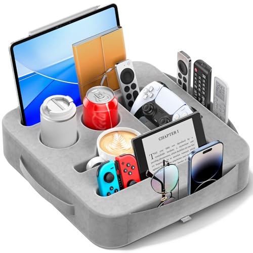 Couch Cup Holder Tray, Couch Caddy for Drink, Snack, Phone, Remote, Ipad, Game Controller, Large-size Sofa Cup Holder for Bed, Sofa, Car, Desk, Gray