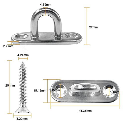 Stainless Steel 1.8 inch Pad Eye Plate U Hooks + Stainless Steel Snap Hook,Marine Hardware Staple Hook Loop with Screws, 8 Pack