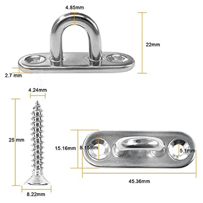Stainless Steel 1.8 inch Pad Eye Plate U Hooks + Stainless Steel Snap Hook,Marine Hardware Staple Hook Loop with Screws, 8 Pack