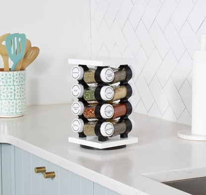 16 Jar Rotating White Spice Rack | Spices Included, 5-Year Spice Refill Program, Compact Countertop, Glass Jars
