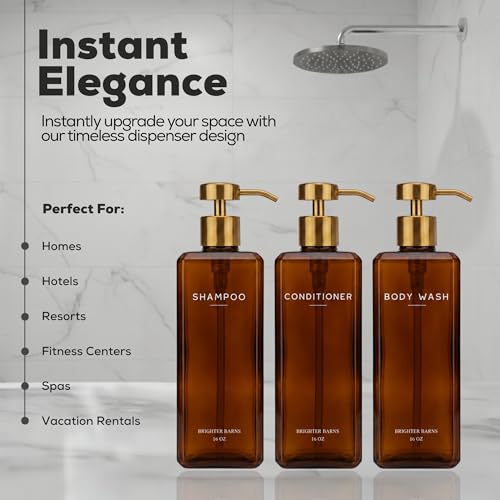 Luxury Shampoo and Conditioner Dispenser Set by Brighter Barns - Refillable Shower Shampoo Dispenser - Shower Bottles with Stainless Steel Pumps for Modern Organic Home Decor, Spa, Airbnb (Amber/Gold)