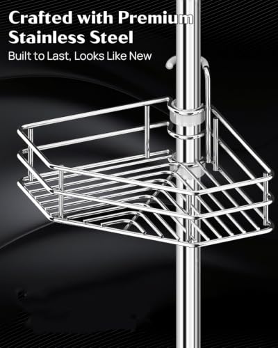 Corner Shower Caddy Tension Pole, Quick Setup, Rust-Free Bathroom Shower Organizer Corner for Bathtub Shampoo Storage, 4-Tier Adjustable Shelf, Drill Free, Fits 34 to 116 Inch Height, Silver
