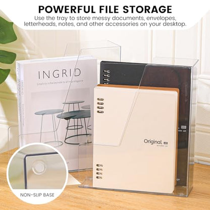 Vertical File Holder, Clear PET Desk Organizer and Storage Bins Holding for Magazines, Binders, Notebooks, Envelopes, Multi-purpose Plastic Document Organizer for Home Office, 4 pack
