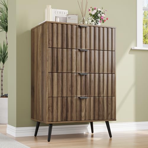 Walnut Fluted 4 Drawers Dresser for Bedroom, Chest of Drawers with Metal Wide Handle, Wooden Dresser for Closet, Bedroom, Living Room, 23.6" x 14.9"D x 30.7" H