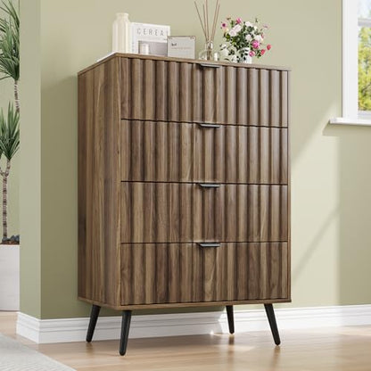 Walnut Fluted 4 Drawers Dresser for Bedroom, Chest of Drawers with Metal Wide Handle, Wooden Dresser for Closet, Bedroom, Living Room, 23.6" x 14.9"D x 30.7" H