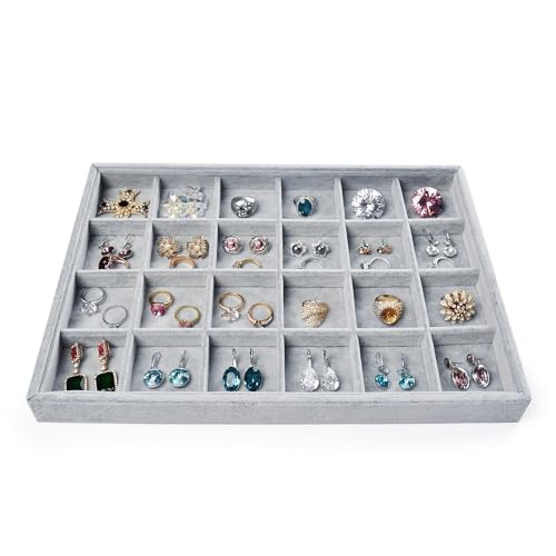 Oirlv Velvet Jewelry Tray for Drawer,Rings Earrings Organizer,24 Grids | Stackable and Portable, Ideal for Retail Showcase, Trade Shows and Personal Jewelry Collection,Fits Nicely in Dresser Drawer