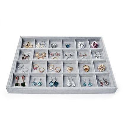 Oirlv Velvet Jewelry Tray for Drawer,Rings Earrings Organizer,24 Grids | Stackable and Portable, Ideal for Retail Showcase, Trade Shows and Personal Jewelry Collection,Fits Nicely in Dresser Drawer