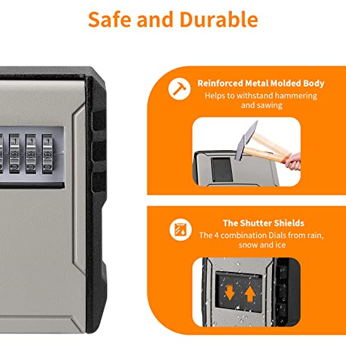 UPGRADE Extra Large Capacity Key Lock Box, Weatherproof Wall Mount Key Box for Car Keys, Fob, House Keys, Key Safe Security Storage Lock Box for Indoor, Outdoor, Garage, Garden, Store (1, Grey)