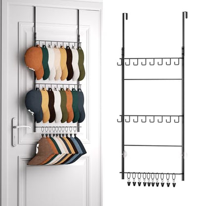 HapiRm Over Door Hat Rack - 3 Tier Wall Mounted Hat Organizer with 16 Hooks and 10 Movable Clips, Baseball Cap Organizer Storage Holds up to 26 Caps for Door, Bedroom, Closet USPTO Patented