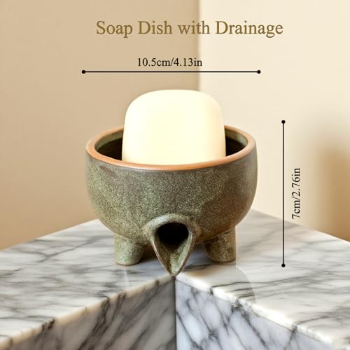 Soap Dish with Drainage, Ceramic Self Draining bar Soap Holder | Soap saver for shower, bathroom, kitchen sink, countertop. Keeps bar dry & lasts longer. Round Avocado Green