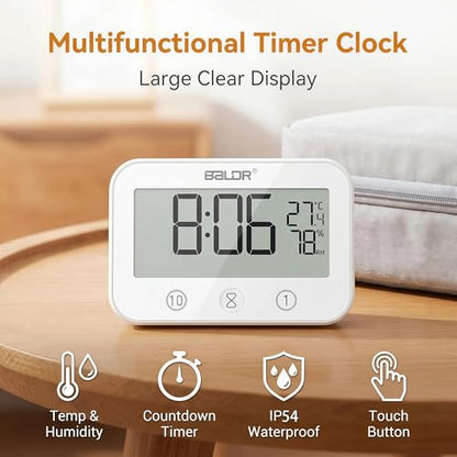 Digital LCD Waterproof Timer Shower Clock, Waterproof for Water Spray, Bathroom Clock Wall Mount, Two Suction Cup, Displays Time, Temperature, and Indoor Relative Humidity (1, White)