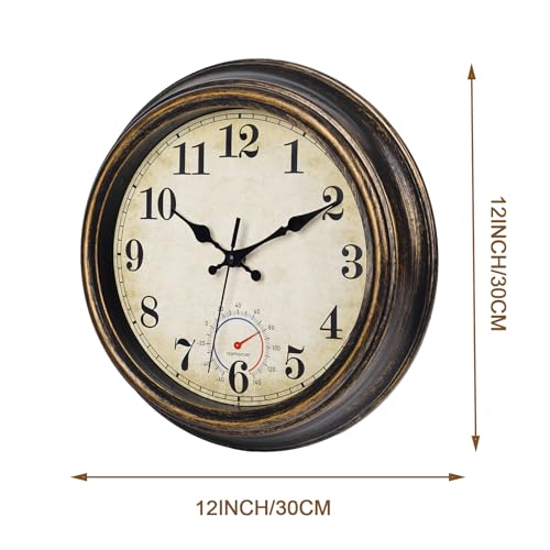 Outdoor Clocks Waterproof with Thermometer Vintage Wall Clock Decor for Bathroom Patio Pool Garden(12 Inch)