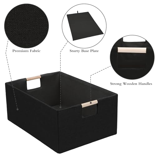 Foldable Fabric Storage Basket for Shelves, Linen Decorative Storage Bin with Wooden Handles, Small Organizer Cube for Closet, Rectangle Canvas Box for Organizing, Decor, 15x10.6x6 Inches (Blcak)