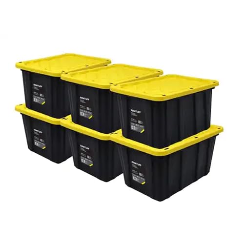 Heavy Duty Stackable Storage Container with Lid, 27 Gallon, 6-Pack | Weather-Resistant Organization Tote with Snap-Tight Lid, for Garage, Basement, Attic, Shed, Closet & Moving