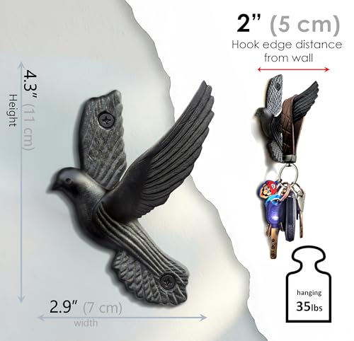 Ambipolar Flying Style Iron Cast Decorative Pigeon Bird Wall Mounted Coat Hooks, 5 Pieces, Black