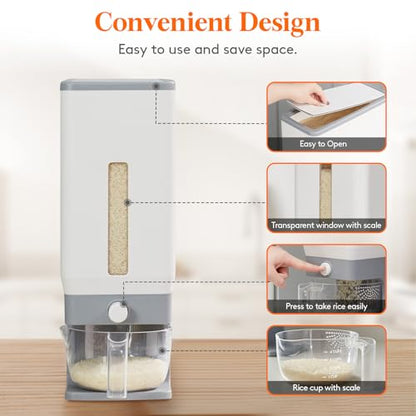 Lifewit Rice Dispenser 25 Lbs, Airtight Storage with Measuring Cup, Grey