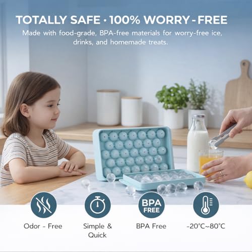 Ice Cube Tray with Lid and Bin, 1" Round Ice Trays for Freezer | 2 Blue Ice Cube Trays with Ice Box & Tong, 1" Round Ice Balls for Iced Coffee & Juice, Easy Twist Release, For Gatherings