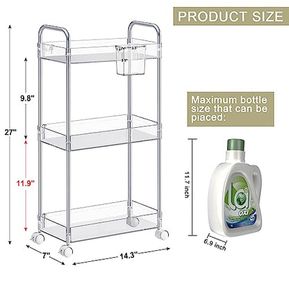 SPACEKEEPER 3 Tier Acrylic Storage Rolling Cart Clear Bathroom Cart Organizer, Transparency Laundry Room Organization Mobile Shelving Unit Multifunction Rolling Utility Cart for Office Living Room