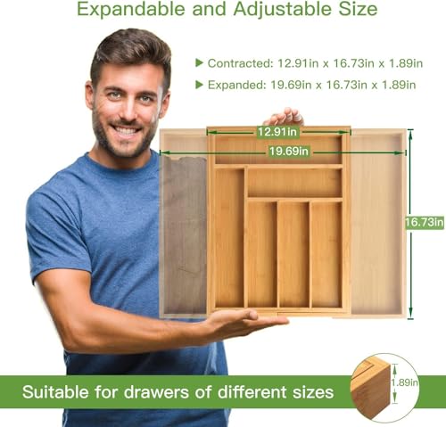 Pipishell Bamboo Expandable Silverware Drawer Organizer, Adjustable Kitchen Utensil Tray for Forks, Spoons and Knives, Wood Storage Cutlery Holder for Bedroom and Living Room
