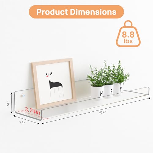upsimples 15" x 4" Acrylic Shelves for Wall Storage and Organizer, 6 Pcs | Versatile Clear Floating Bedroom Shelves for Figures & Collectibles, Kids Bookshelf, Invisible for Displaying, Room Décor