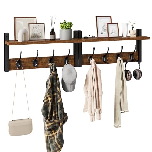 YMYNY Coat Rack Wall Mount with Shelf and Hooks, Rustic Brown UHWS001H-2 | 2 Pack Wooden Wall Mounted Coat Hanger with Shelf and 8 Double Hooks, Wall Coat Rack for Entryway Hallway Bedroom Bathroom