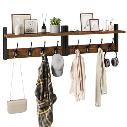 YMYNY Coat Rack Wall Mount with Shelf and Hooks, Rustic Brown UHWS001H-2 | 2 Pack Wooden Wall Mounted Coat Hanger with Shelf and 8 Double Hooks, Wall Coat Rack for Entryway Hallway Bedroom Bathroom